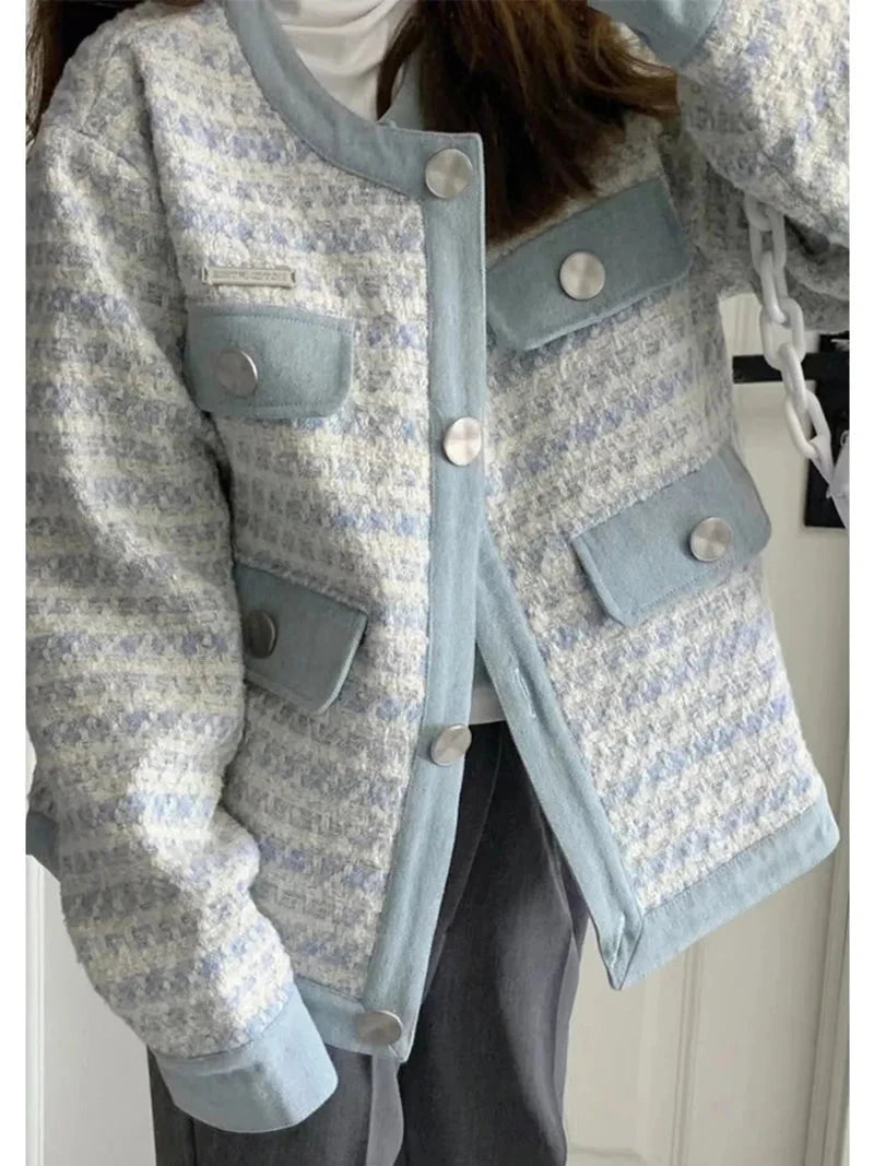 Fall Women Sweet Tweed Jacket Vintage Casual Long Sleeve Elegant Coat French Cute O Neck Women Fall Winter Retro Tops New voguable