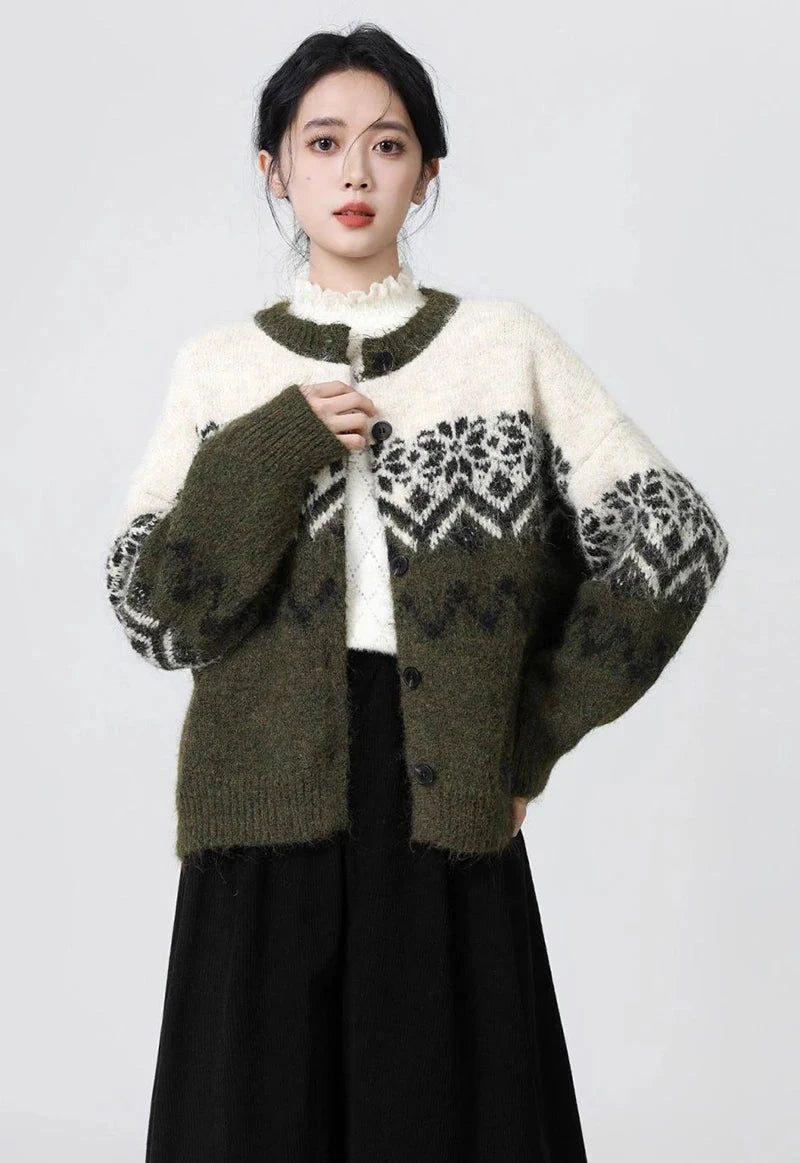 Women O Neck Retro Print Cardigan Sweaters Casual Lazy Wind Long Sleeve Knitted Short Coat Fall Winter Vintage Harajuku Lady Top voguable