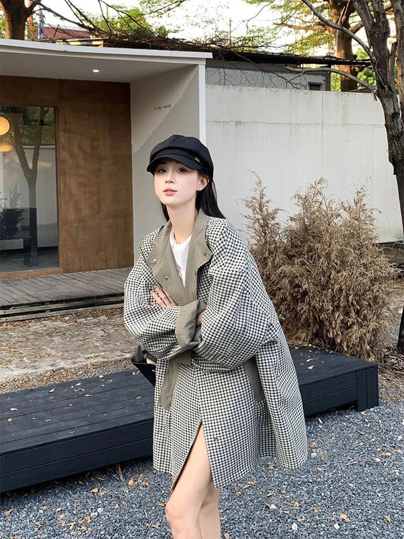 Korean Chic Elegant Jacket Women Loose Design Double Sided Wear Plaid Coat Fall Fashion Long Sleeve Sweet Pockets Outwear voguable