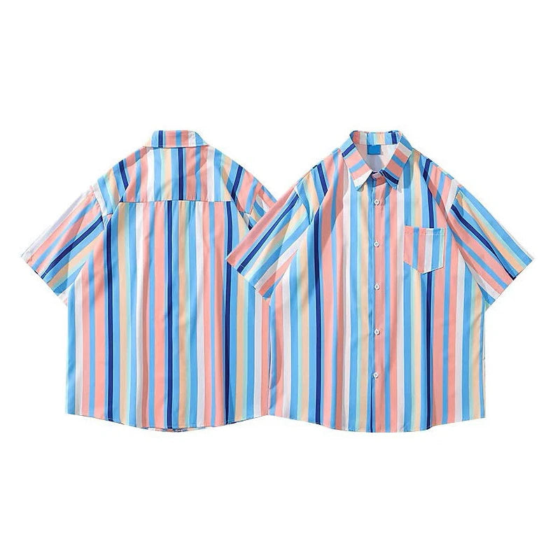 Voguable  American Fashion Striped Contrast Printed Short-sleeved Shirt Korean Version Summer Loose And Versatile Couple Shirt Jacket voguable
