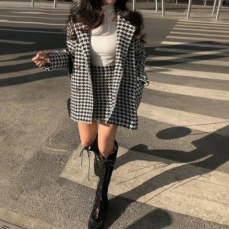 Voguable  Spring Autumn New Houndstooth Suit Women's Fashion Loose Double-Breasted Cotton Woolen Coat+High Waist Skirt Two-Piece Suit voguable