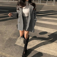 Voguable  Spring Autumn New Houndstooth Suit Women's Fashion Loose Double-Breasted Cotton Woolen Coat+High Waist Skirt Two-Piece Suit voguable