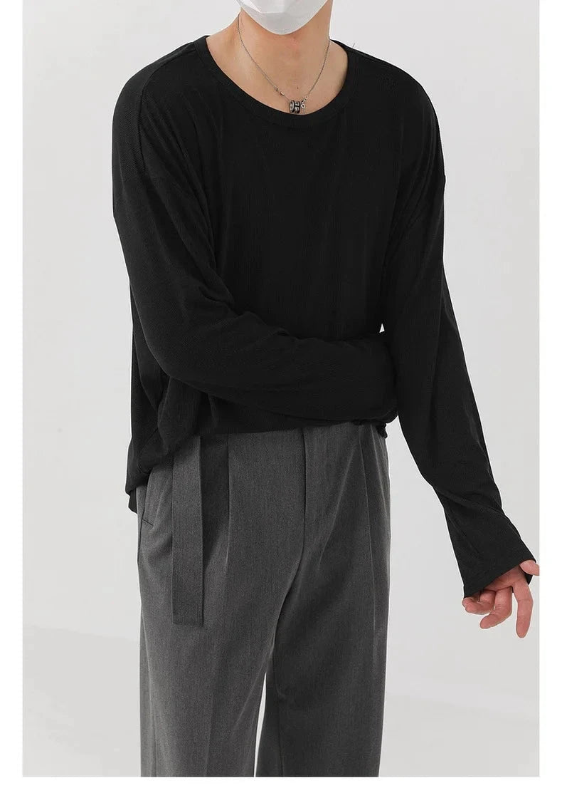 Korean Fashion Men T-shirt Luxury Knitted Solid Color Scoop Neck Long Sleeve Tees Casual Premium Quality Textured Knitwear M-3XL voguable