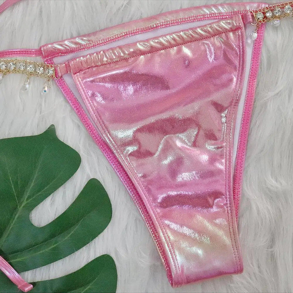 Voguable Sexy Pink Brozing Bikini Set 2024 Women Luxury Rhinestone Criss Cross Bandage Micro Swimsuit Bathing Suit Diamond Thong Swimwear voguable