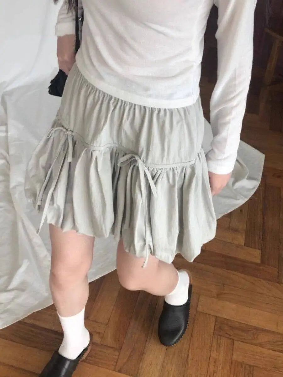 Women Y2k Bubble Mini Skirt Elastic Waist Ruffle Flare Puffy Skirt High Rise Cute Pleated Lace-up Bow Tie Lantern Short Skirt voguable