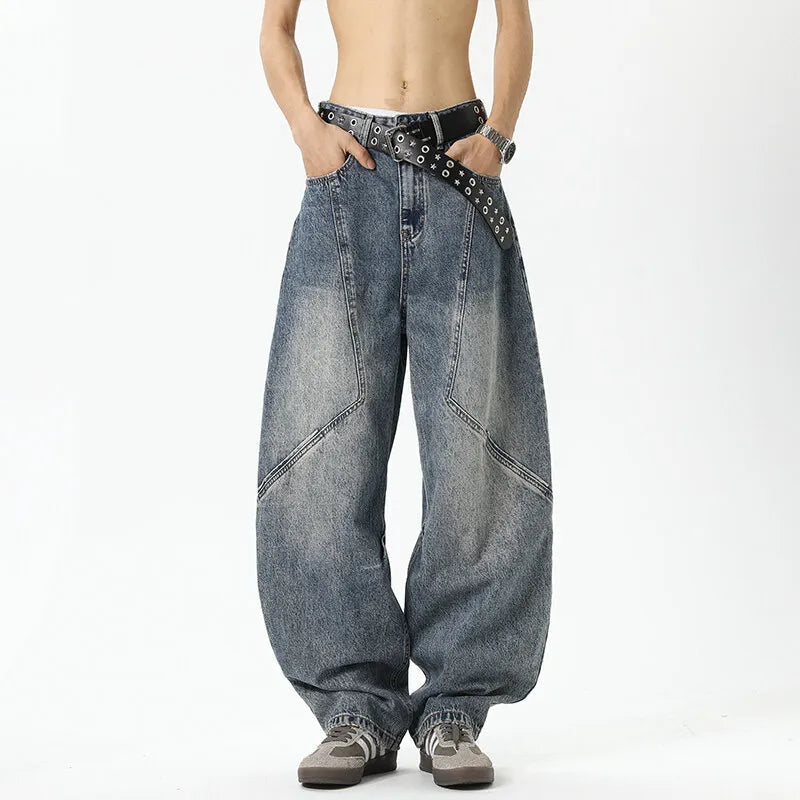 Mens Relaxed Fit Wide Leg Jeans Patchwork Design Floor Length Baggy Streetwear Casual Denim Pants 2025 Trendy Loose Trousers voguable
