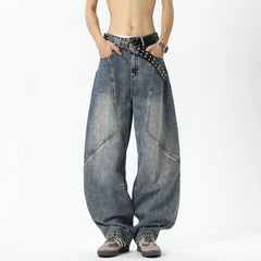 Mens Relaxed Fit Wide Leg Jeans Patchwork Design Floor Length Baggy Streetwear Casual Denim Pants 2025 Trendy Loose Trousers voguable