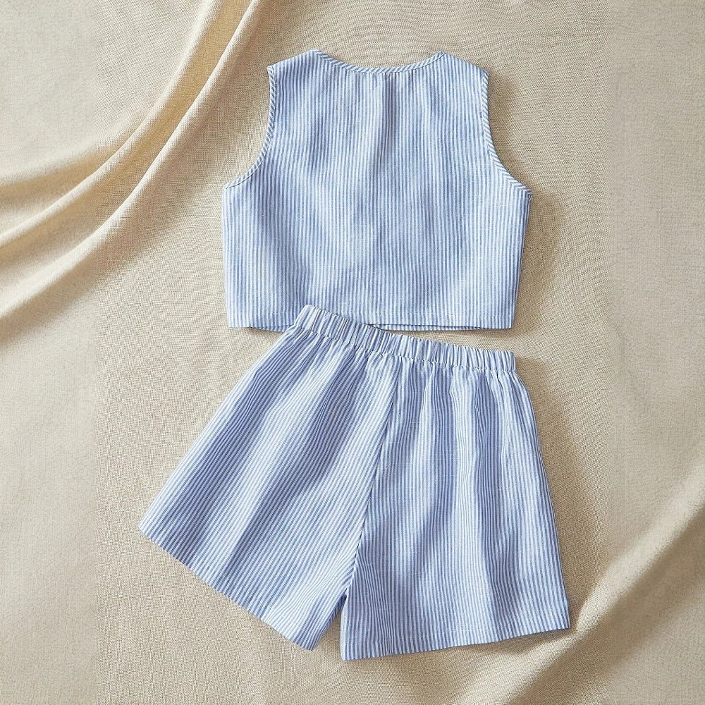 Sets Summer Comfortable Basic 2025 Stripes V-Neck Sleeveless Cropped Top Loose Fit Shorts Casual Sets voguable