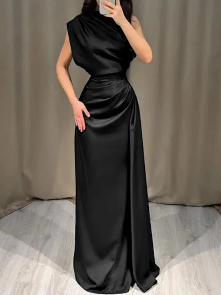 Voguable  Elegant High Waist Pleated Maxi Dress for Women Sleeveless Straight Satin LongCrew Neck Party Gown Solid Color Spring Summer voguable
