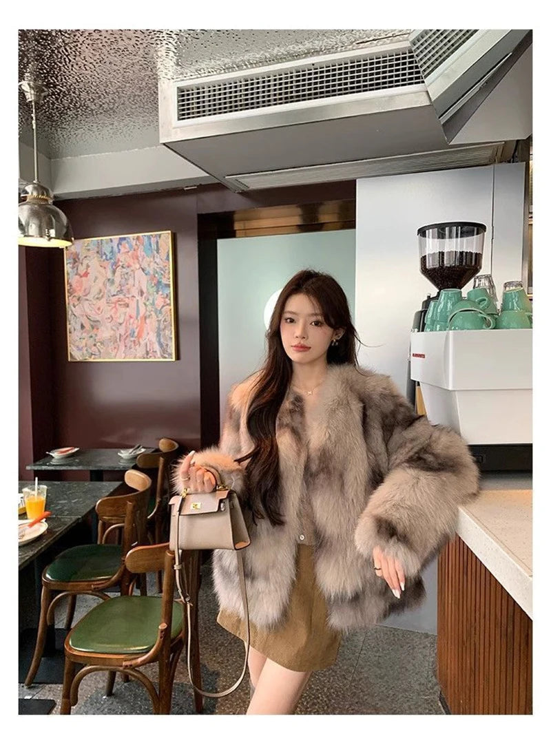 Slim Women Faux Fur Coat Long Sleeve Elegant Vintage Faux Fox Jacket Korean Retro Winter Warm Long Sleeve Female O Neck Tops New voguable