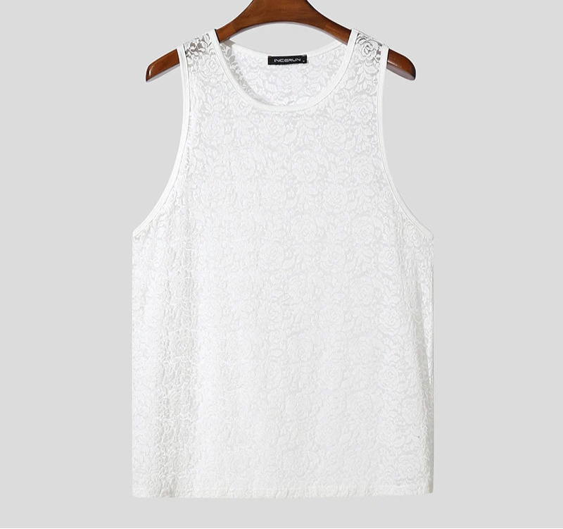 Men Tank Tops Lace Transparent O-neck Sleeveless Male Vests Streetwear Summer Sexy Fashion Men Clothing Tops S-5XL voguable