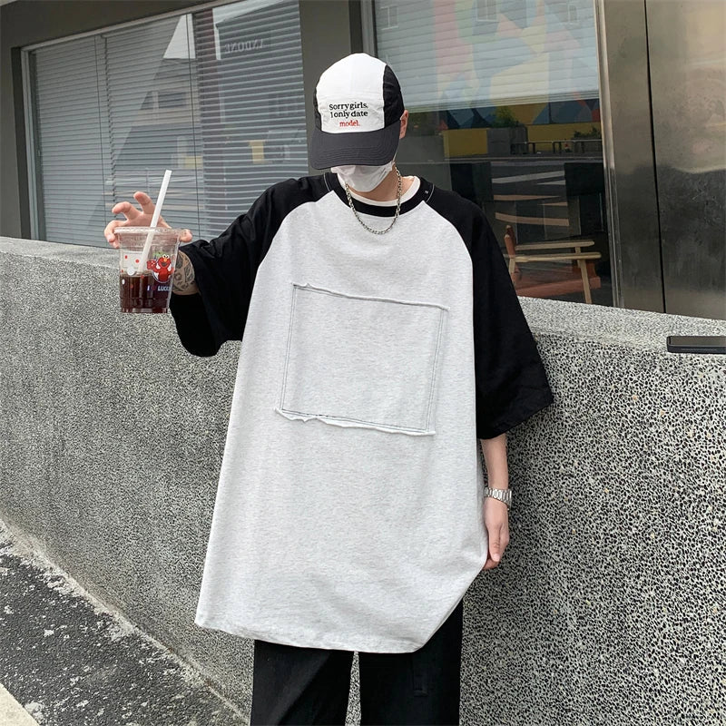 Voguable  American Retro Raglan Sleeve T-shirt for Men's Summer Trendy Unisex Loose Teen Contrast Spliced Versatile O-Neck Shirt voguable