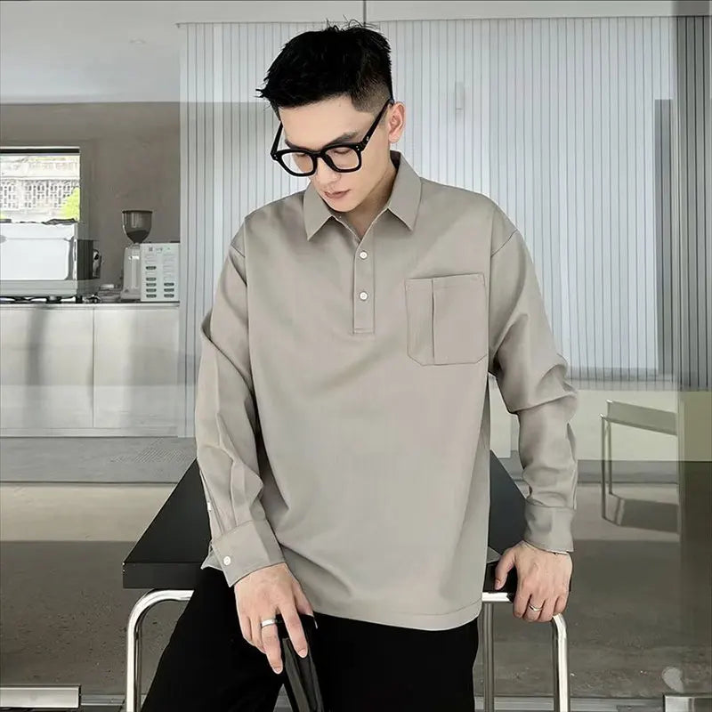 Elegant Fashion Harajuku Slim Fit Blusa Solid Button Pockets Thin Style Long Sleeve POLO Shirt Casual All Match Male Clothes voguable