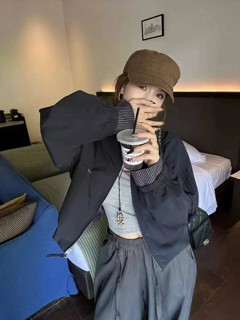 Harajuku Y2K Baseball Jacket Women Loose Vintage Plaid Patchwork Short Coat Streetwear Long Sleeve Vintage American Bf Tops voguable