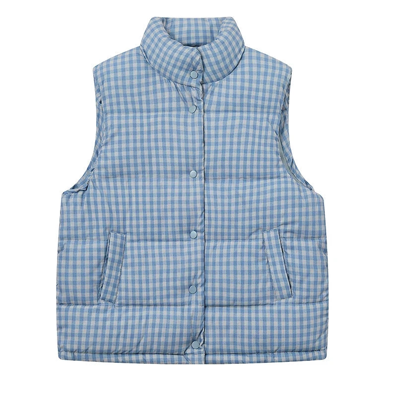 Cute Blue Plaid Puffy Vest Women Loose Vintage Sleeveless Warm Thick Winter Sweet Vest Coat Korean Preppy Style Outwear Top voguable