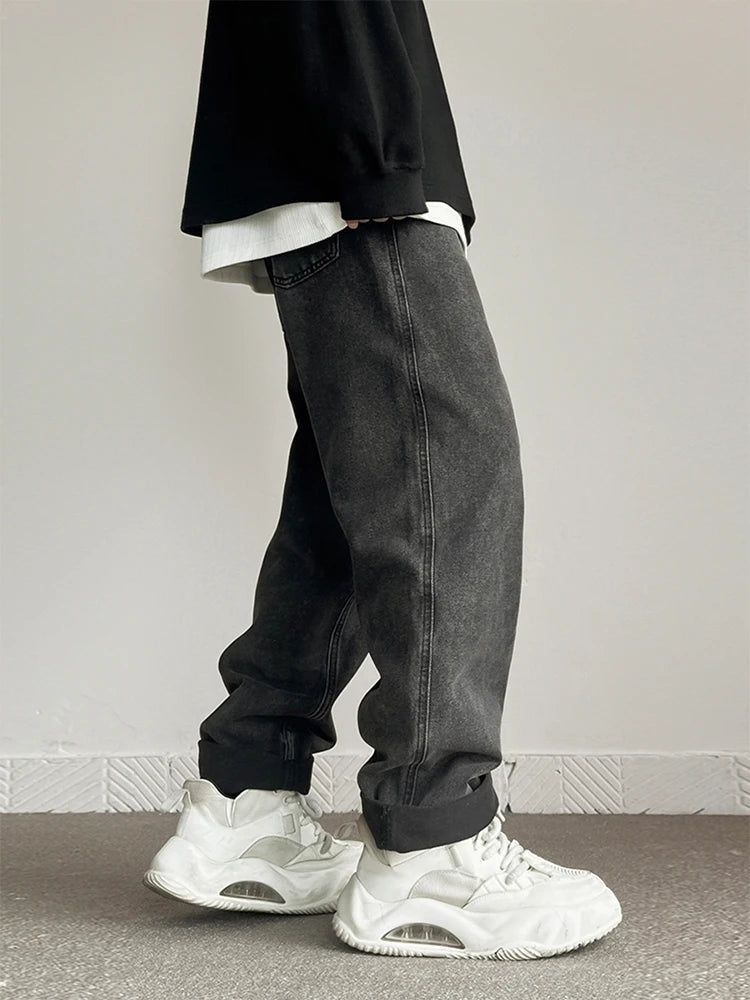 New Fashion Korean Men's Baggy Straight Jeans Classic Black Gray High Street Denim Pants Streetwear High Quality Male Trousers voguable