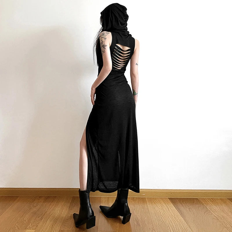 Wasteland Punk Dress y2k Women Solid Color Sleeveless Hollow Out Back Side Slit Hooded Dress 2000s Grunge Party Dresses voguable