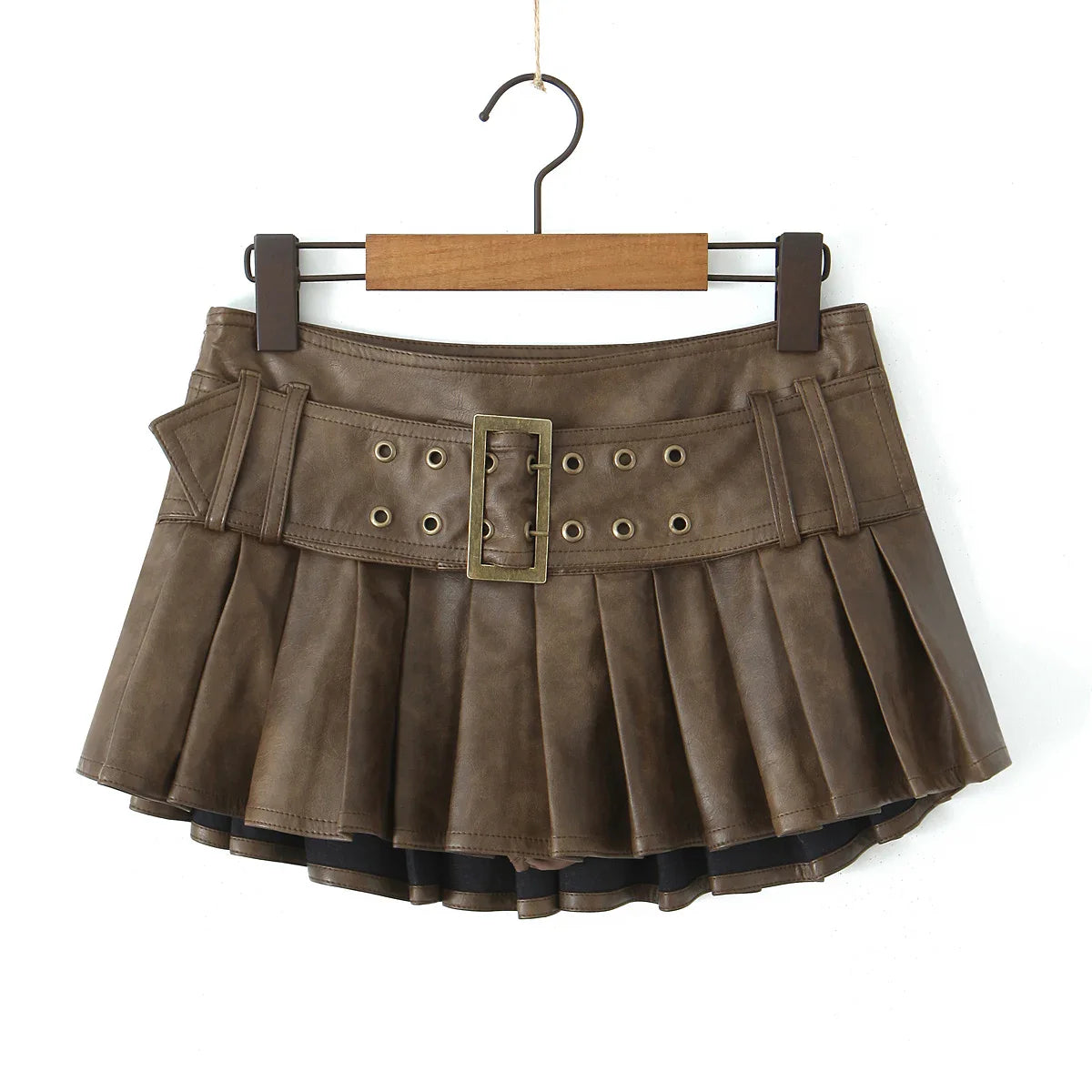 Korean Fashion Faux Leather Skirts For Woman Mini Skirts Low Waist Summer Vintage PU Leather Pleated Skirt With Belt Brown Pbong