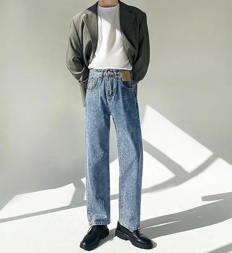 Minimalist Style High-end Jeans Men's Trousers Solid Color Loose Straight Denim Pants Male Draped Dark Blue Trousers voguable