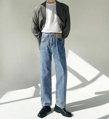 Minimalist Style High-end Jeans Men's Trousers Solid Color Loose Straight Denim Pants Male Draped Dark Blue Trousers voguable