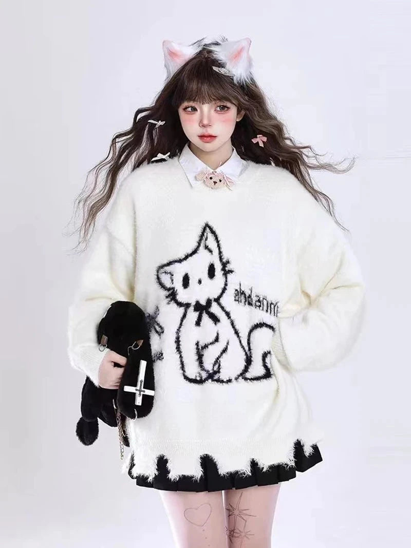 Kawaii Hole Sweet Sweaters Women Vintage Faux Mink Cashmere Cartoon Knitted Jumper Preppy Style Cute Japan Lazy Wind Tops voguable