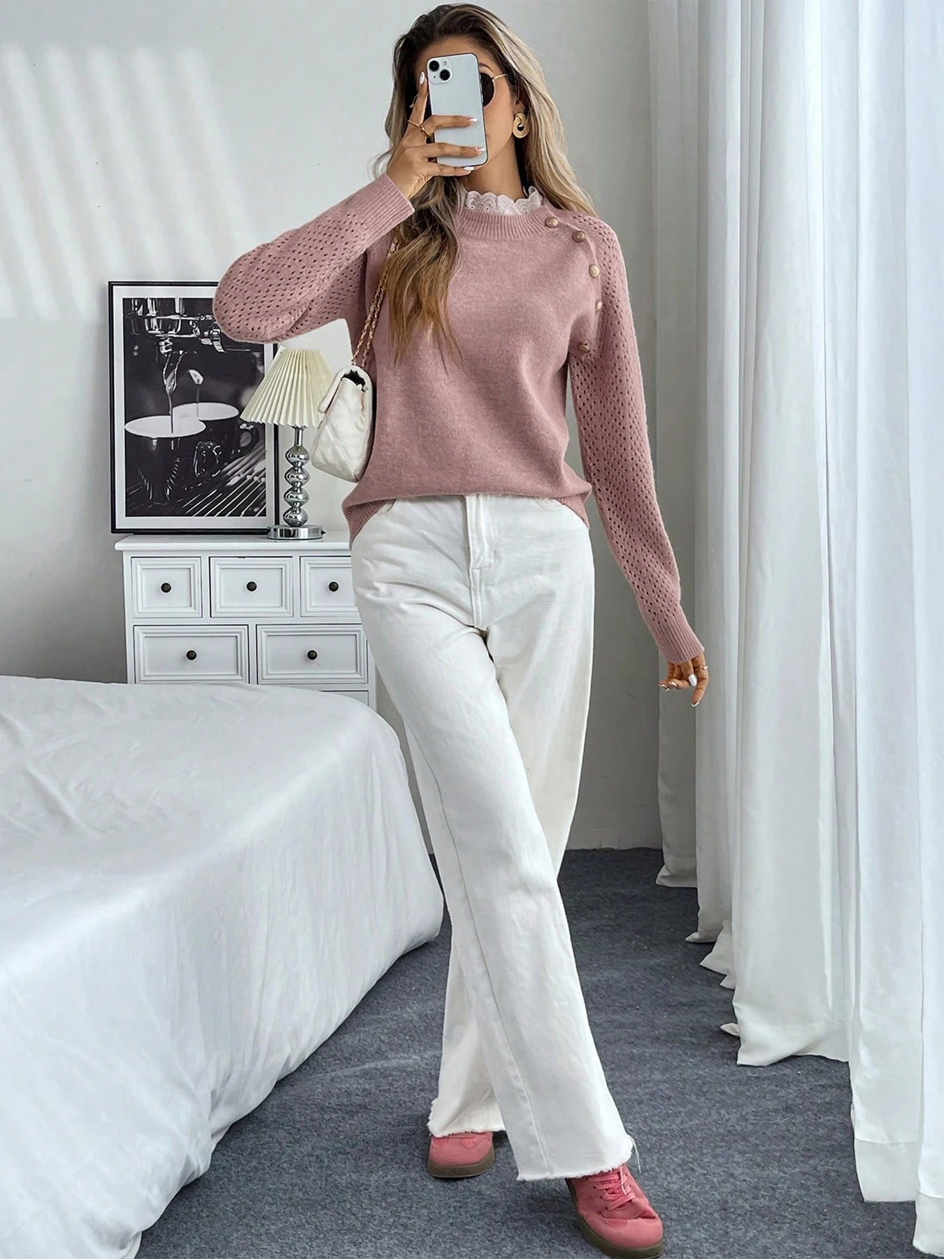 New lace round neck pullover long sleeved autumn and winter knitted sweater voguable