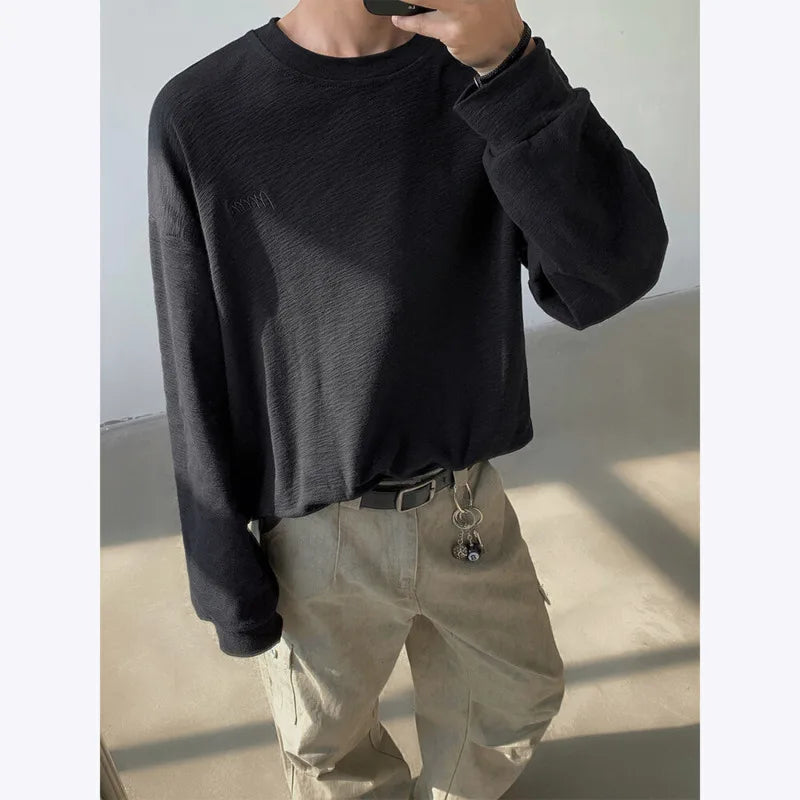 Spring Cotton Long Sleeved T-shirt Men Black White Casual T Shirt Men Streetwear Korean Loose Round Neck T Shirt Mens Top M-3XL voguable