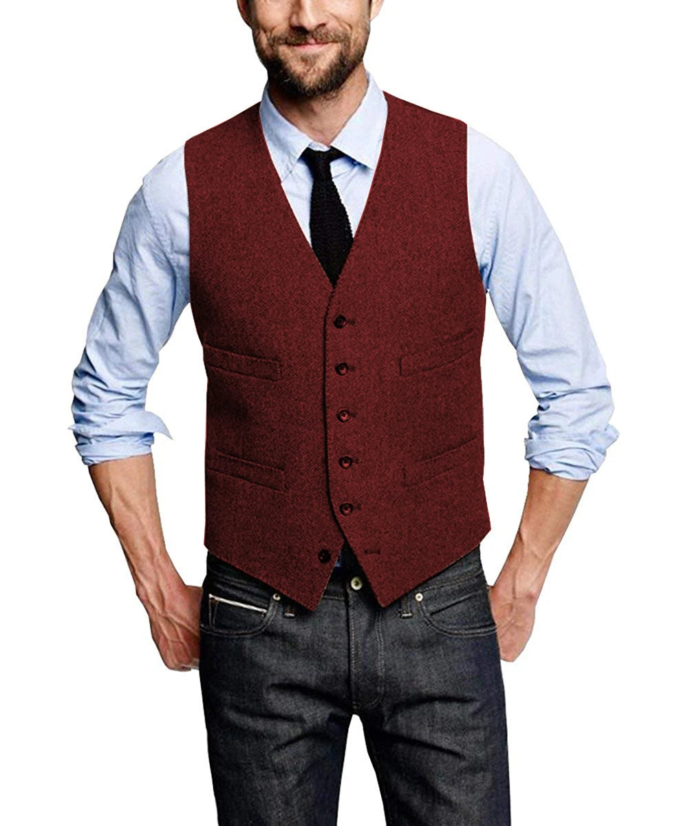 Men's Classic Vest Single Breasted Slim Fit Vintage Modern Waistcoat Casual Gilet Herringbone Wedding voguable