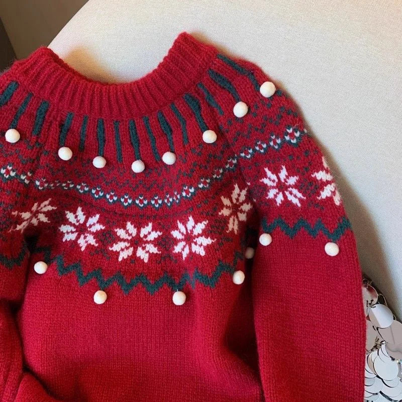 Sweet Print Christmas Red Sweater Women Cute O Neck Vintage Knitted Jumper Casual Korean Lady Fall Winter Preppy Style Loose Top voguable