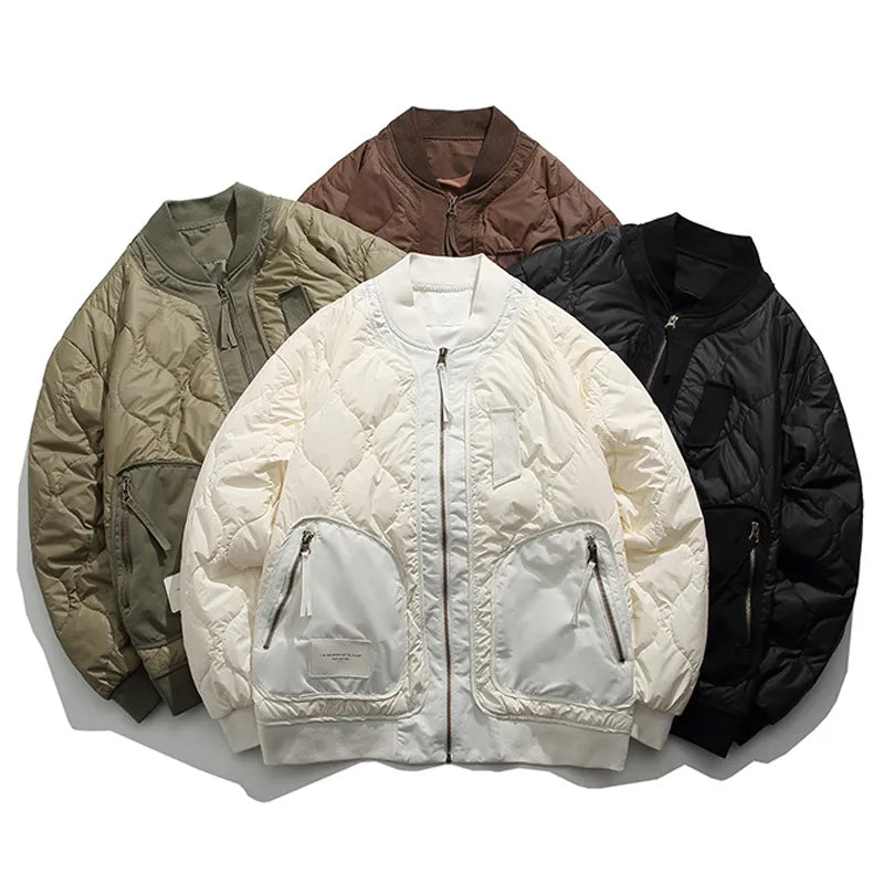 Winter Color Blocking Big Pocket Zipper Cotton Padded Men Retro Casual Fashion Baseball Uniform Couples High Street Jacket Thin voguable