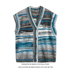 Autumn Winter Rainbow Stripe High Street Men Sweater Vest Shirt Unisex Couple Women Zip-up Cardigan Casual Hip Hop Retro Vintage voguable