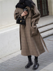 Autumn Winter Long Loose Stylish Warm Plaid Wool Blends Coat Women Sashes Luxury Designer Runway European Fashion voguable
