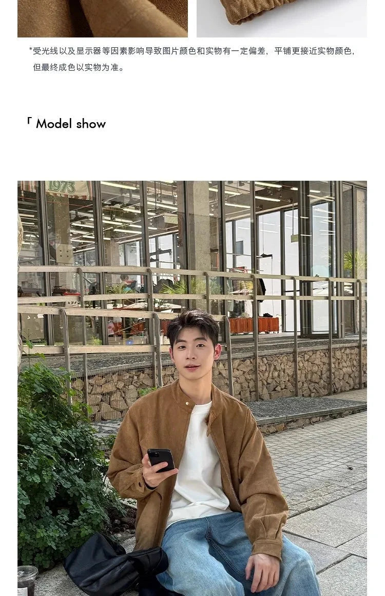 Khaki Cargos Stand Collar Jackets Men's Japanese Retro Streetwear Fashion Solid Color Zipper Long Sleeve Coats Autumn Clothing voguable