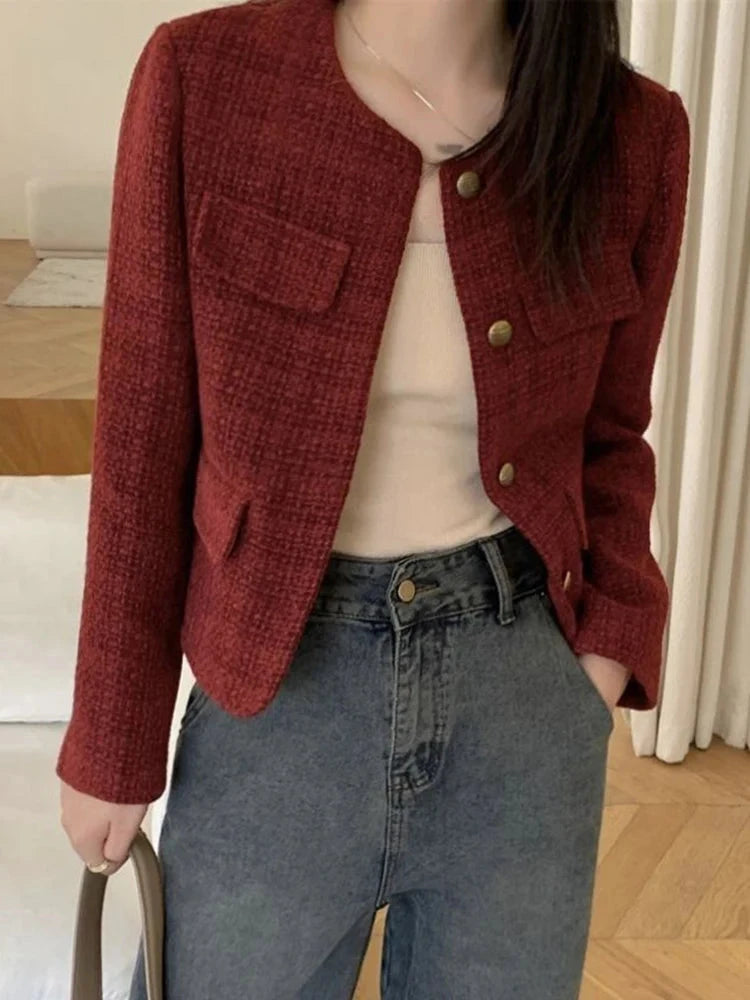 Zoki Women Slim Vintage Jacket Fall Winter Long Sleeve Sweet Elegant Coat French Casual Female O Neck Single Breasted Retro Tops voguable