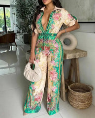 Voguable  Spring/Summer New Women's Retro Printed Collar Curly Sleeve Front Button Drawstring Elastic Wide Leg Holiday jumpsuit voguable