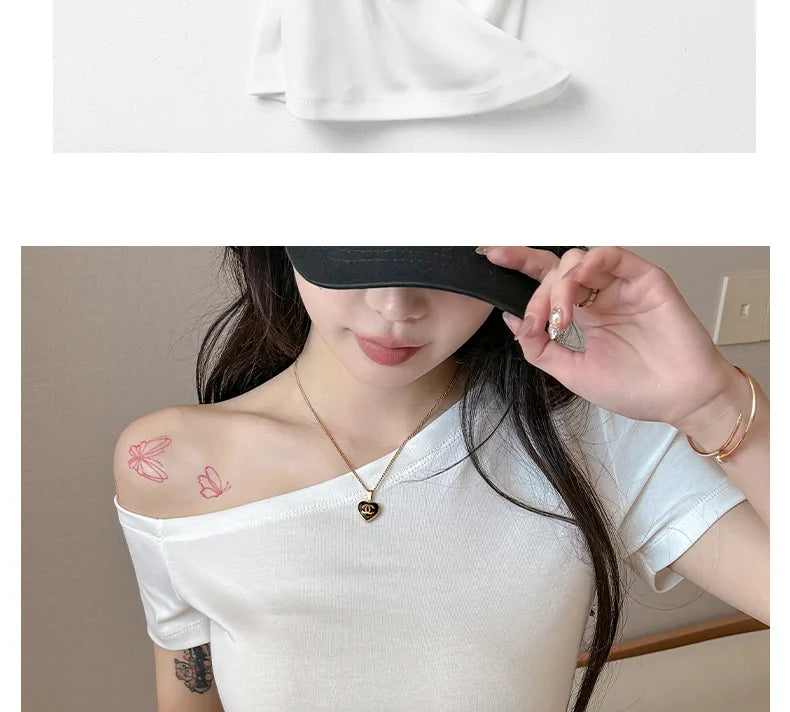 Solid Off Shoulder Short Sleeve T Shirt Simple Basic Sexy Single Sleeved Jumper Top Streetwear Slim Fit Female Y2K Clothes Tees voguable