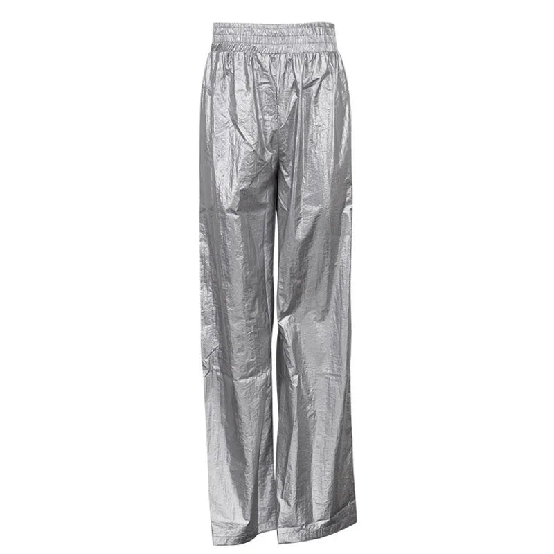 Fashionable Windproof Women's Pants  Autumn Silver Elastic Waist Loose Straight Leg Slimming Y2K Wide Leg Pants voguable