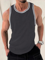 Voguable  Ice Silk Muscle Vest Elastic Ribbed Texture Sporty Sleeveless T-Shirt for Young Men Summer Season Regular Thickness round Neck voguable