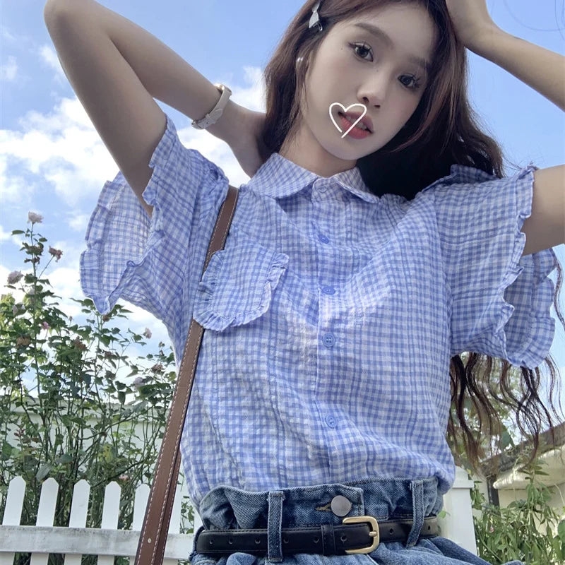 Korean Ruffles Short Sleeve Plaid Shirt Women Preppy Sweet Turn Down Collar Blouse female Summer chic Pocket Button blouse voguable