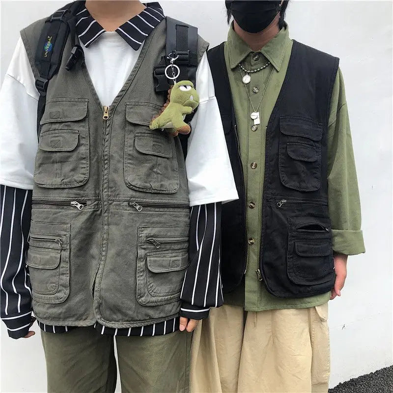 Cargo High-end Vest Korean Style Streetwear Japanese Retro Functional Multi-pocket Work Solid Color Pocket Vest Jacket Aesthetic voguable