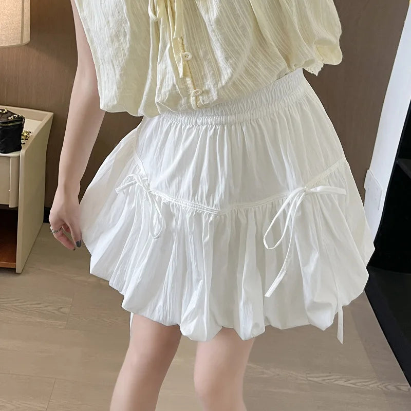 Voguable  Sweet Bow Pleated Fluffy Skirts for Women Summer Korean Style Elastic Waist Lantern Skirt Woman Loose White A-Line Short Skirts voguable