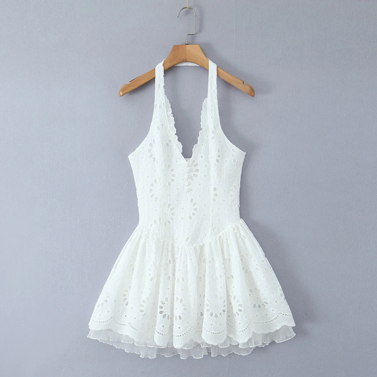 White Lace Embroidery Halter Neck Dress 2025 New Summer Sleeveless Backless Sexy A-Line Dresses Women Slim Party Dress voguable