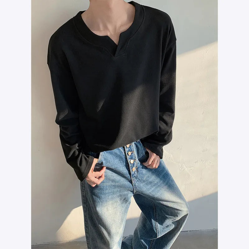 Autumn Long Sleeved T-shirt Men Fashion V-neck Pullover T Shirt Men Streetwear Korean Loose Pullover T Shirt Mens Top M-3XL voguable