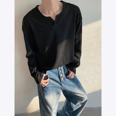 Autumn Long Sleeved T-shirt Men Fashion V-neck Pullover T Shirt Men Streetwear Korean Loose Pullover T Shirt Mens Top M-3XL voguable