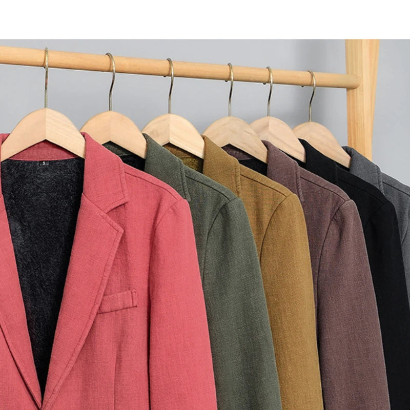 Voguable Autumn Winter New Casual Plush and Thickened Warm Suit Jacket for Men Ramie Loose Vintage Blazers for Men voguable
