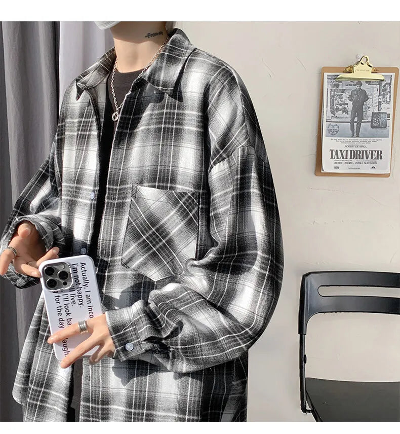 Harajuku Long Sleeve Plaid Shirts Men Big Size M-5XL Autumn Chic Loose Vintage High Street All-match Gentleman Camisa voguable