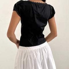 Coquette Shirt y2k Clothes Women Deep V Neck Lace Trim Single Breasted Short Sleeve Blouse Crop Top Club Streetwear voguable