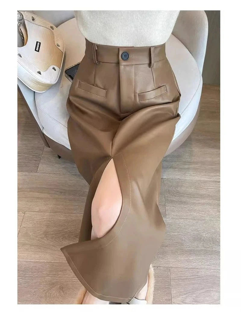 Sexy Slit Pu Long Skirt Women High Waist Slim Vintage Skirts Casual Fall Winter Lady Solid Retro American Streetwear Long Skirt voguable