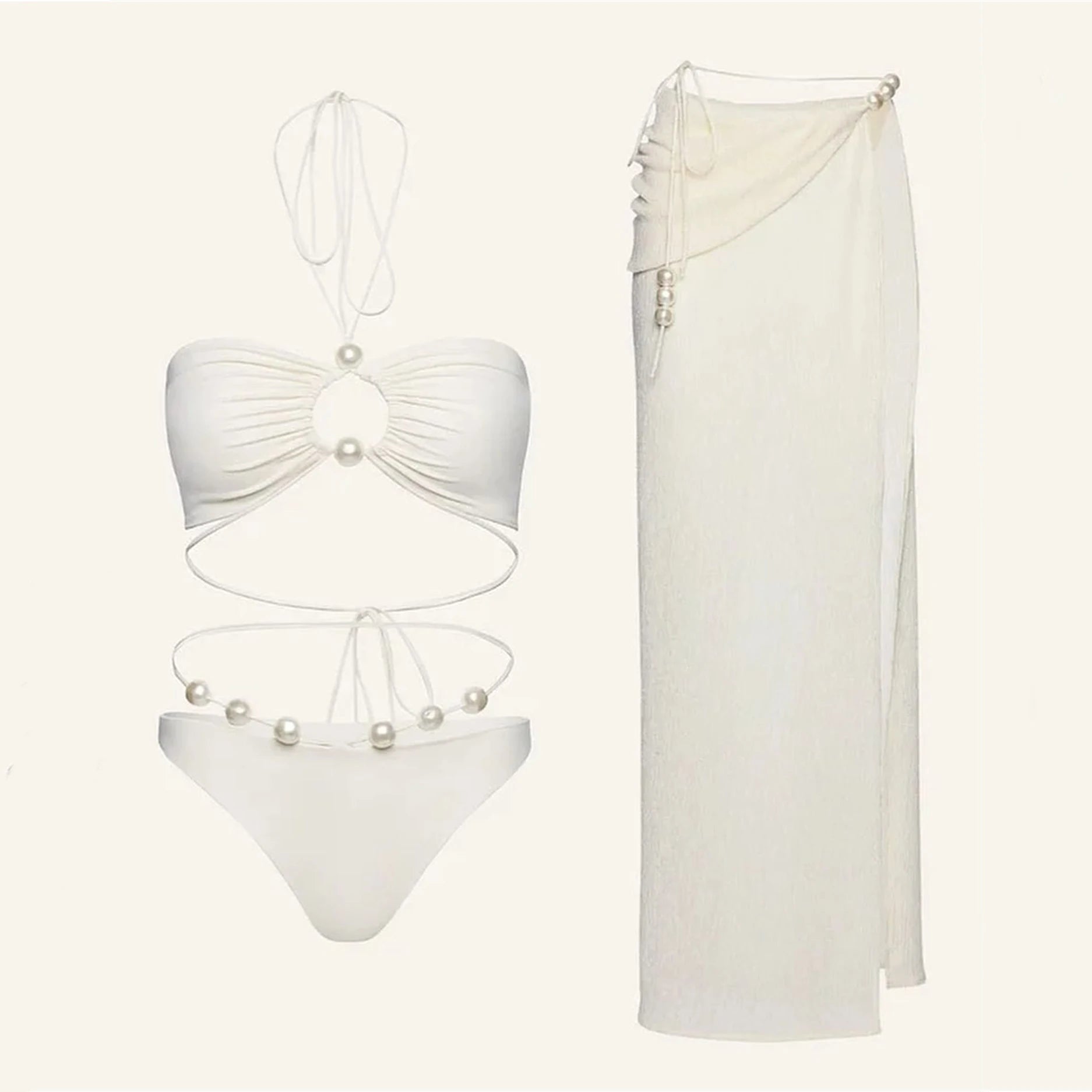 3Pcs Sexy Bikini Set With Cover Up Pearls White Swimsuit Women Halter Swimwear Female Off Shoulder Bathingsuit Biquini Beachwear voguable