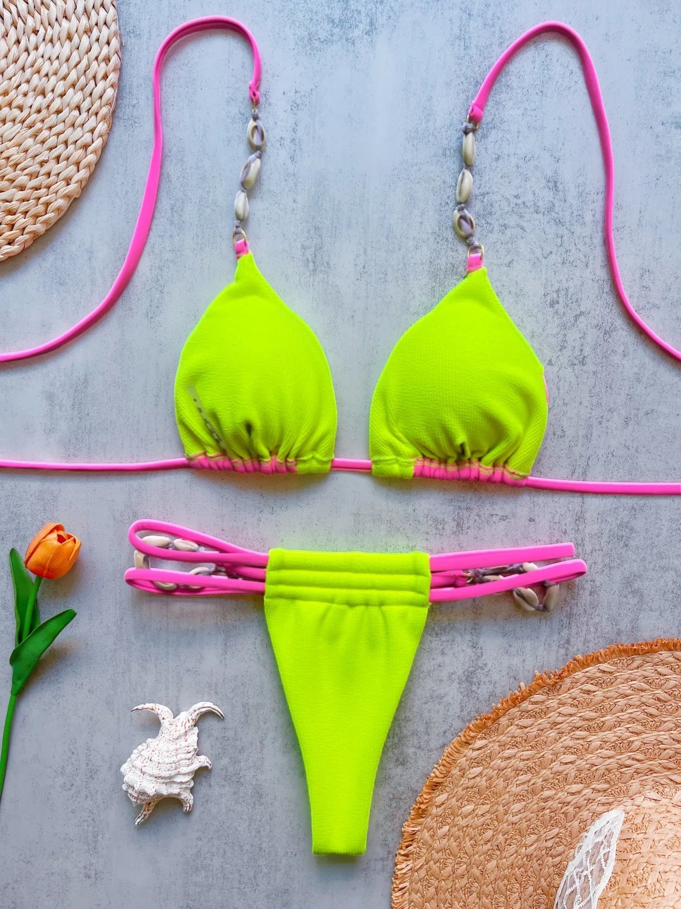 Voguable  Sexy Neon Green Patchwork Bikini Set Women Shell Strap Push Up Bra Hollow Out Thong Swimsuit Beach Bathing Suit Swimwear voguable